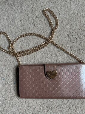 Gucci Blush Pink Patent Leather GG Monogram Heart Lock Long Wallet w/Chain*